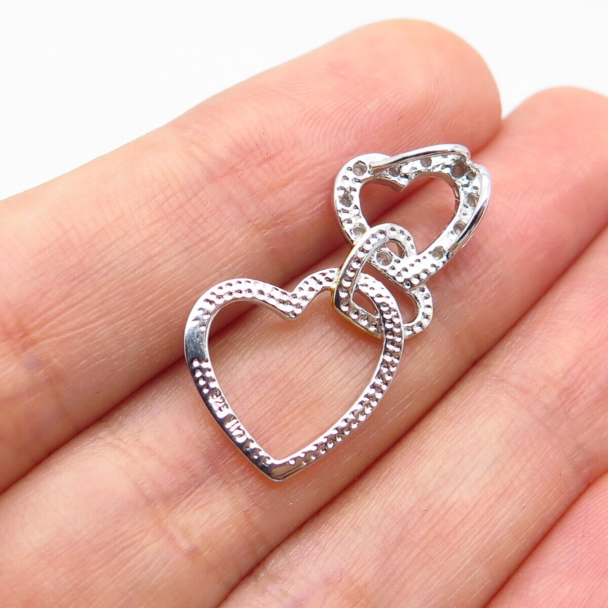 925 Sterling Silver 2-Tone Real White Diamond Triple Heart Pendant