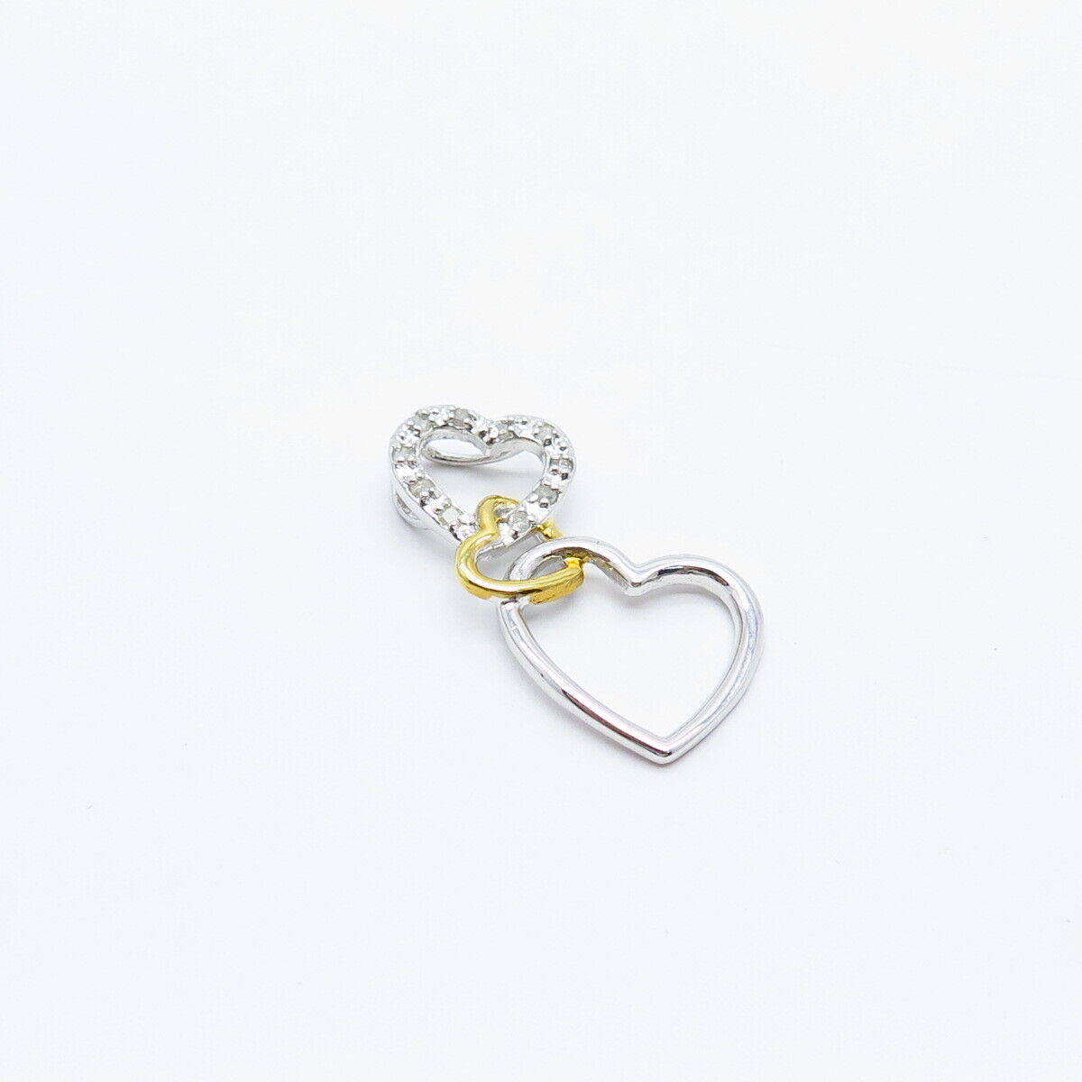 925 Sterling Silver 2-Tone Real White Diamond Triple Heart Pendant