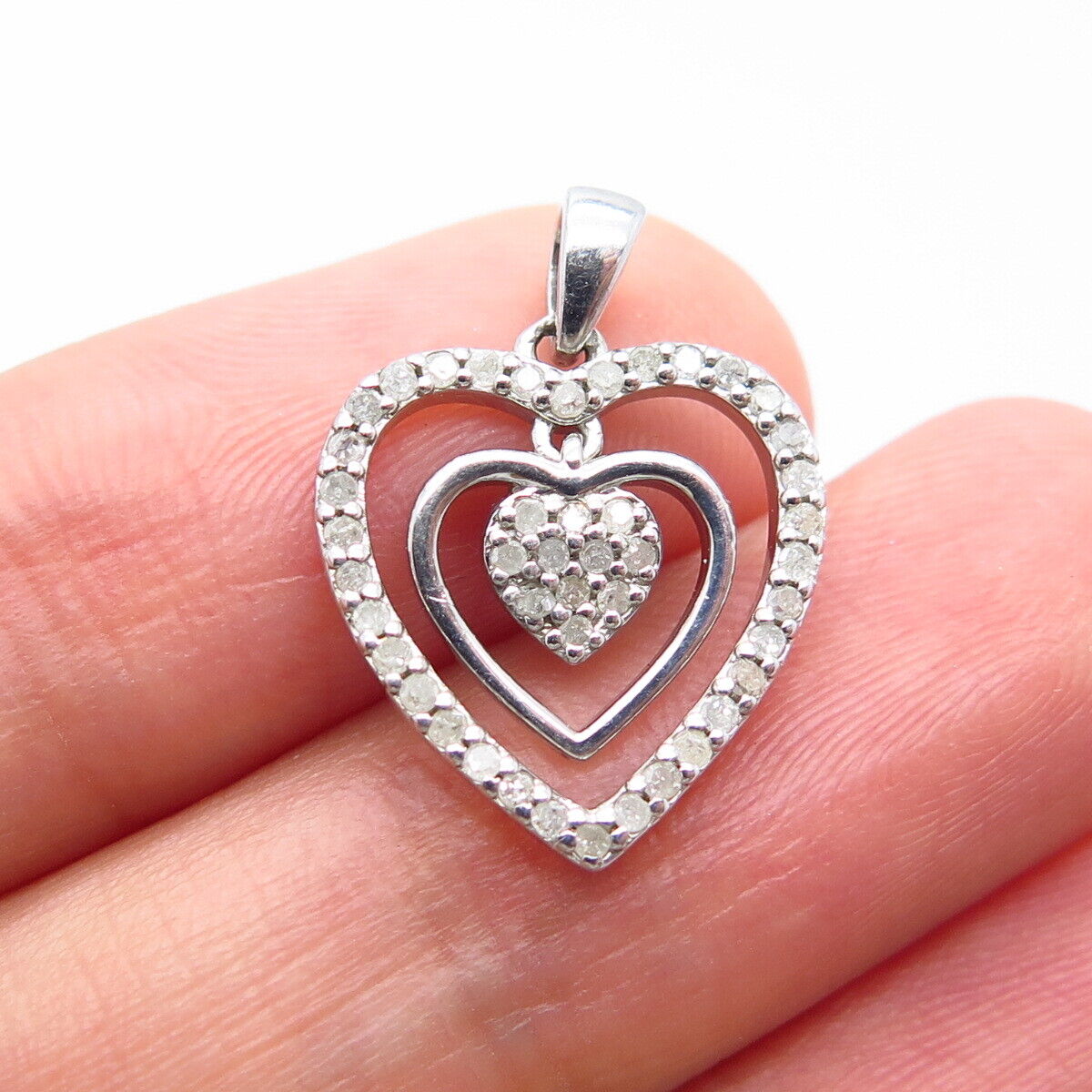 925 Sterling Silver Real White Diamond Open Triple Heart Charm Pendant