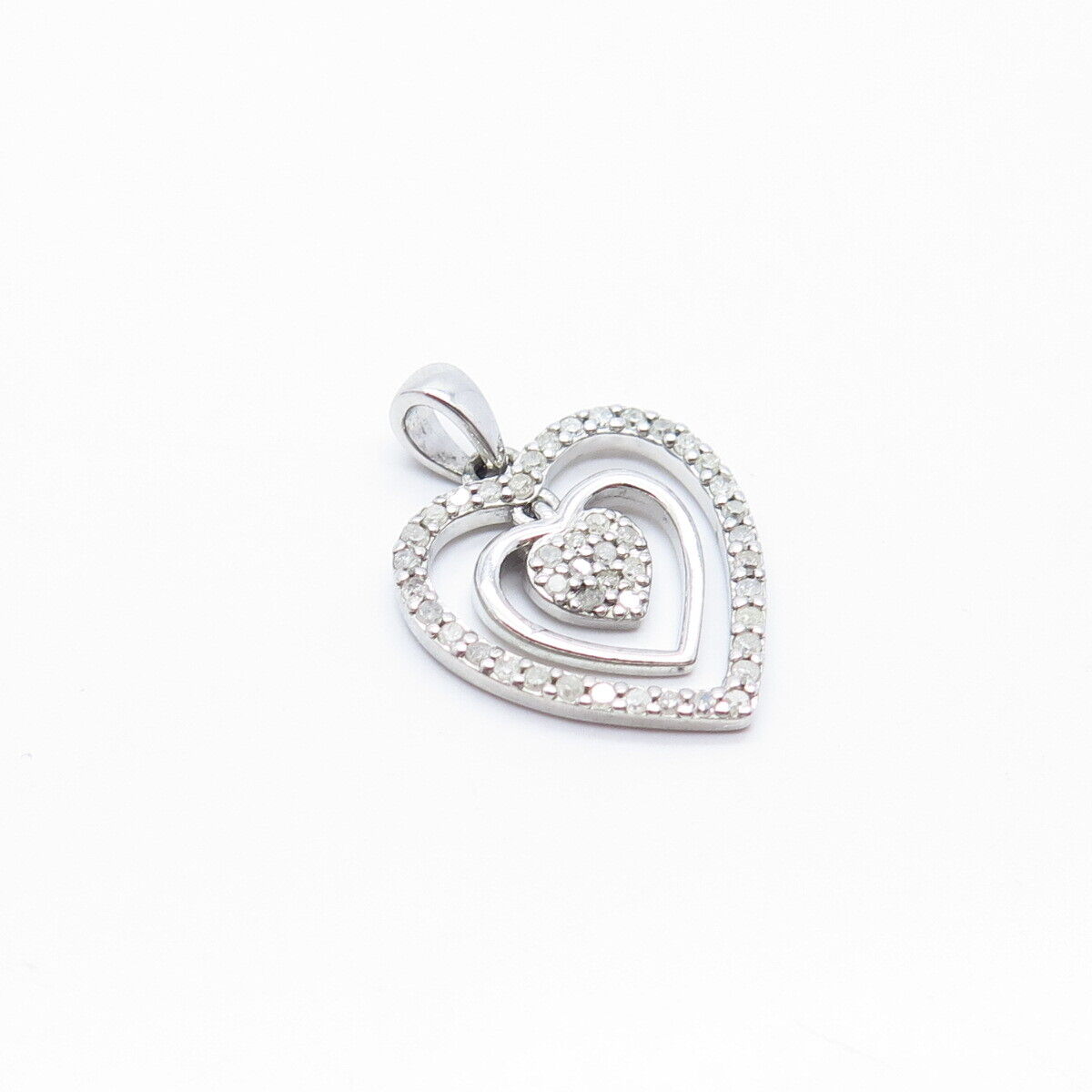 925 Sterling Silver Real White Diamond Open Triple Heart Charm Pendant