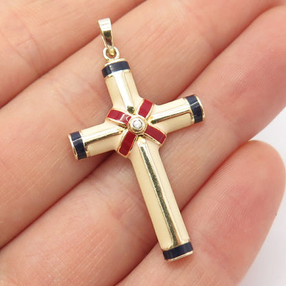 925 Sterling Silver USA Real Diamond & Colorful Enamel Cross Pendant