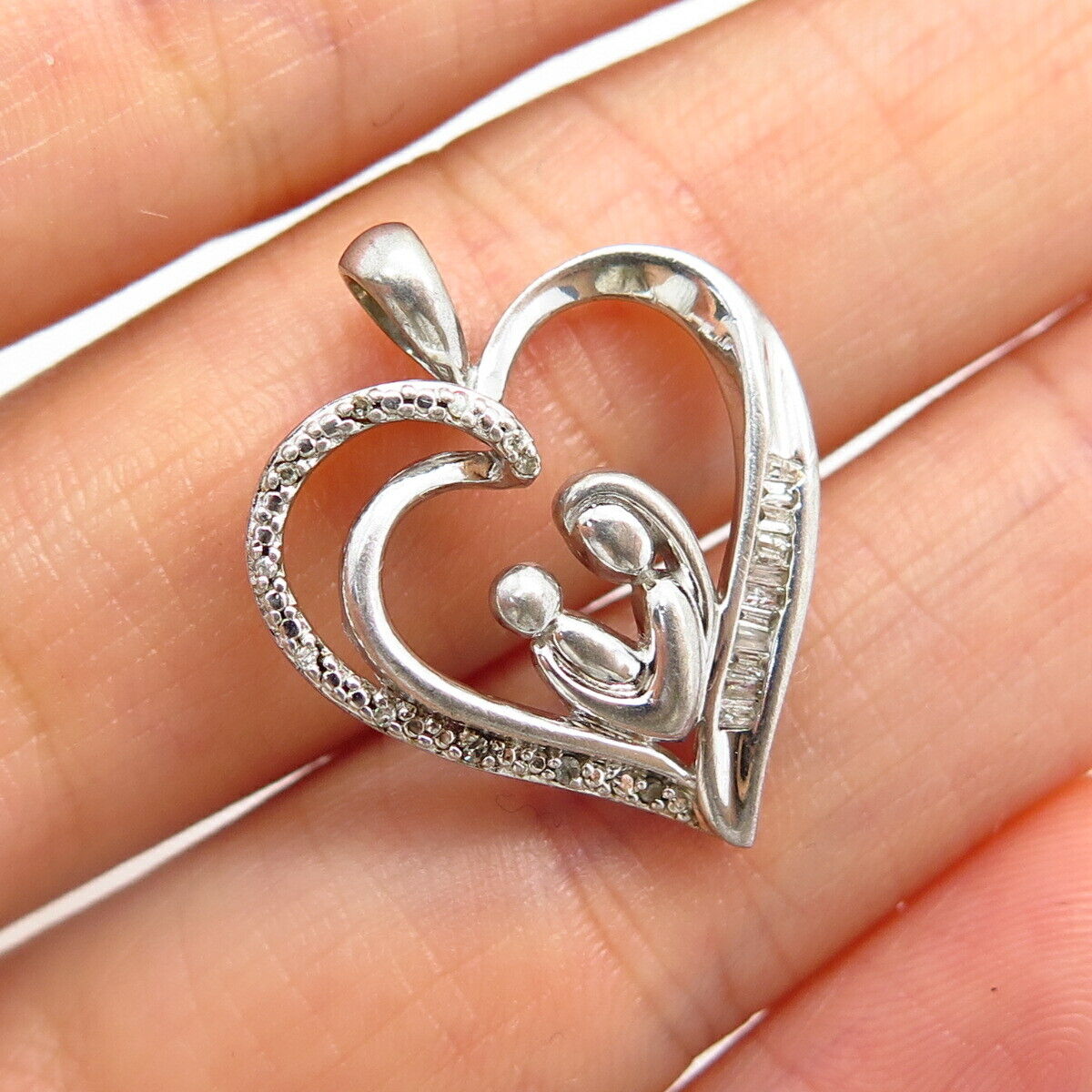 925 Sterling Silver Real Diamond Mother & Child Open Heart Slide Pendant