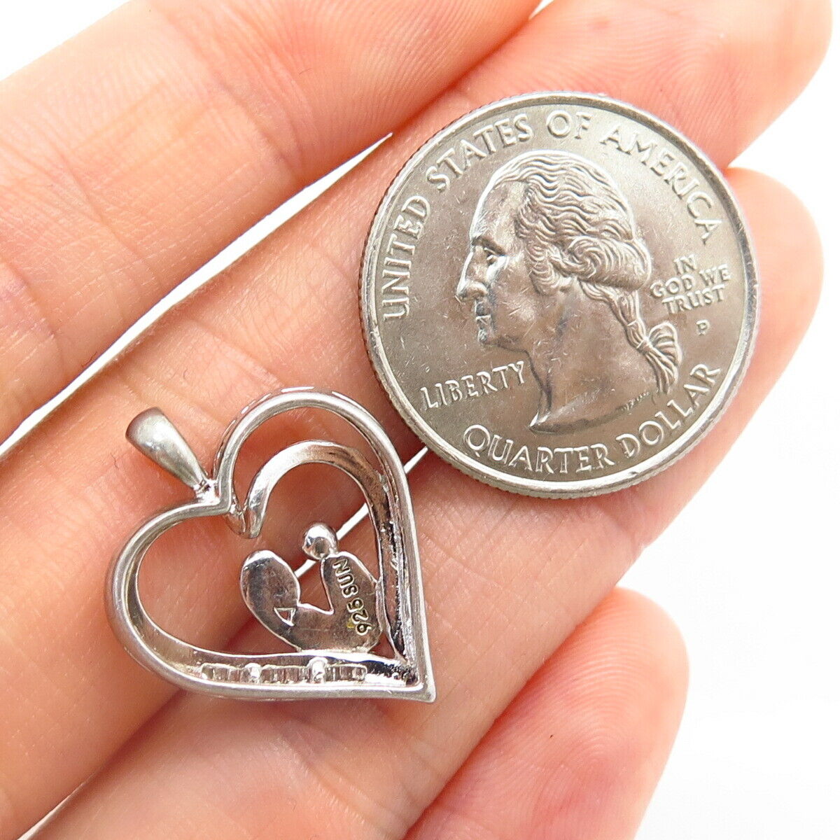 925 Sterling Silver Real Diamond Mother & Child Open Heart Slide Pendant