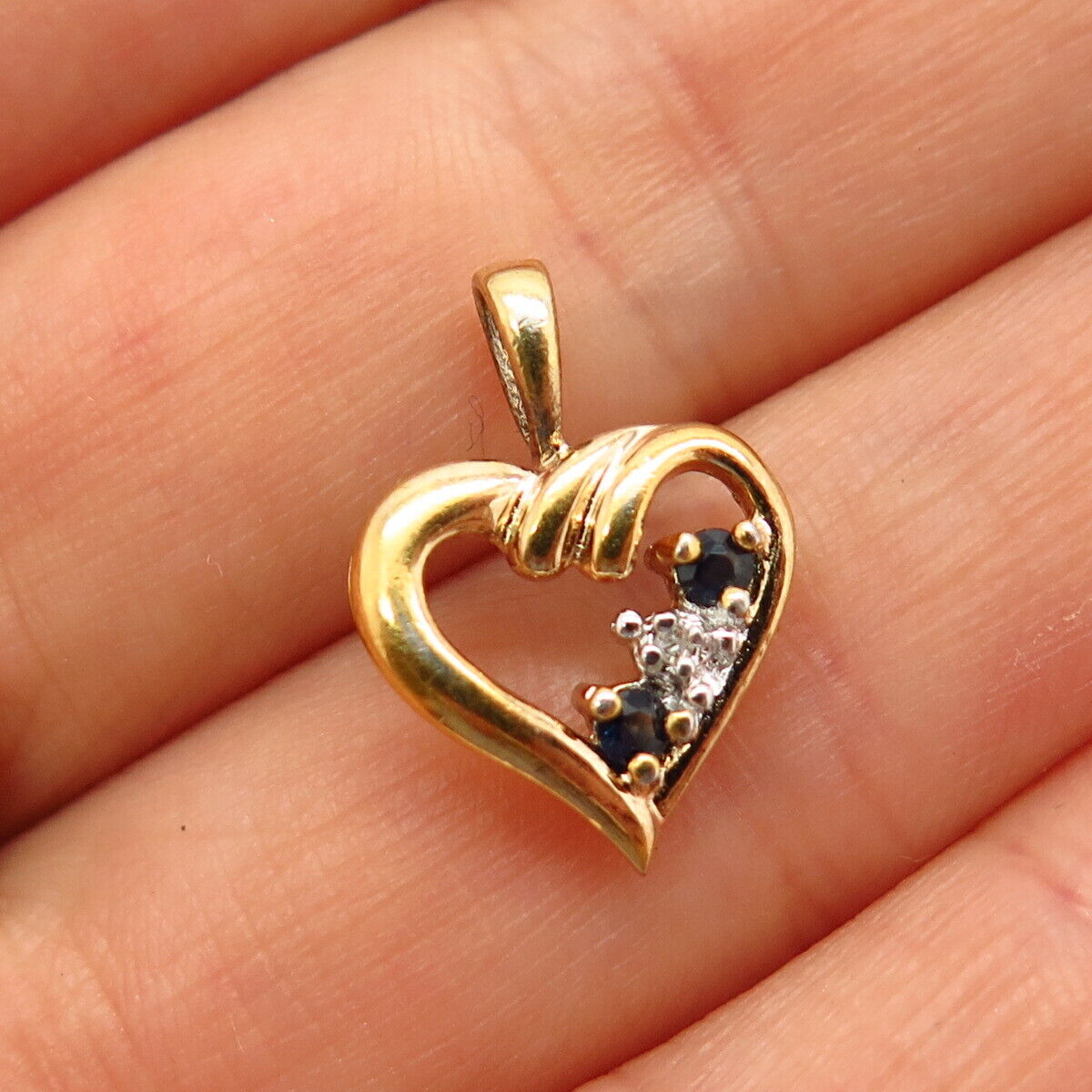 925 Sterling Gold Plated Real Diamond Accent & Sapphire Gem Open Heart Pendant