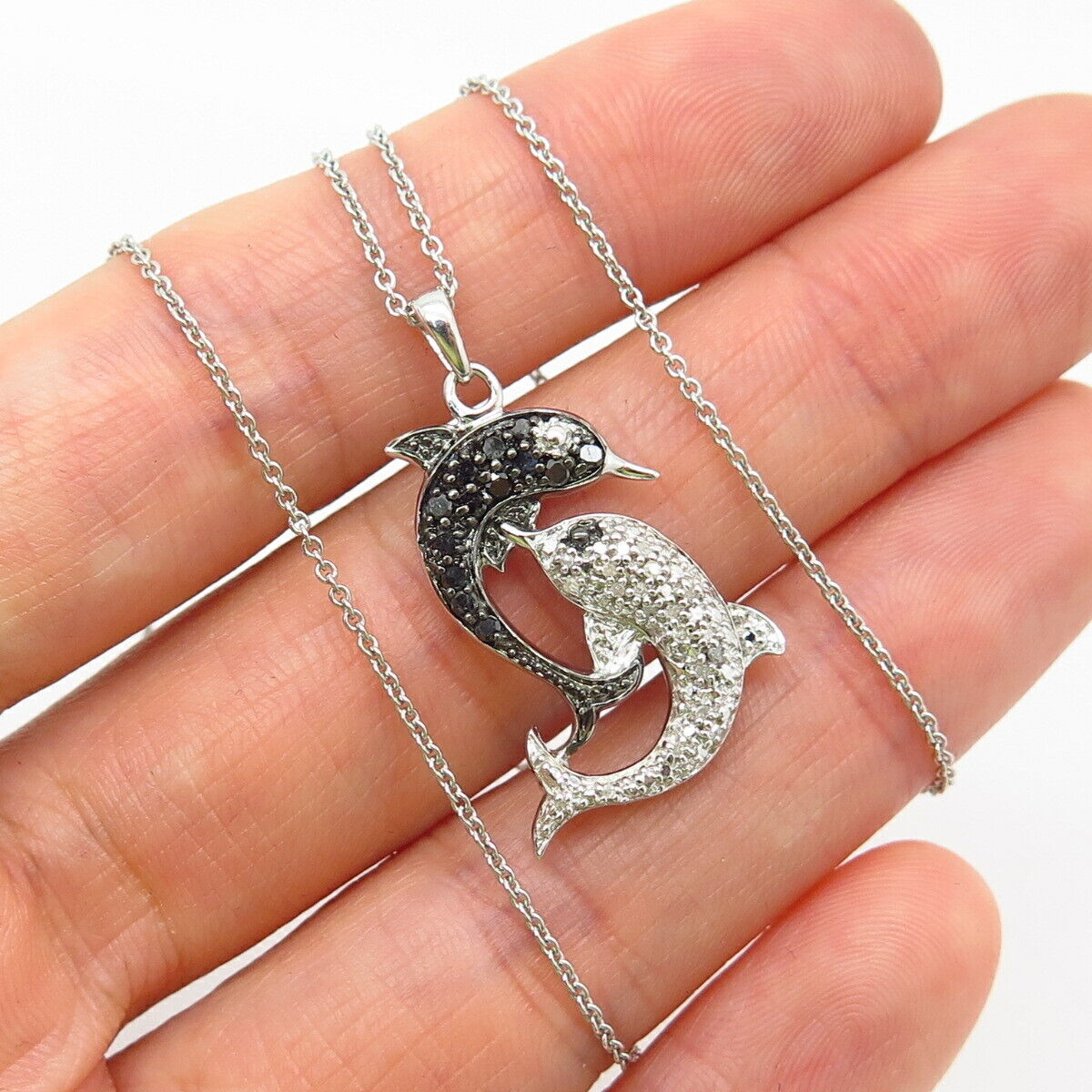 925 Sterling Real White Black Diamond Dolphin Couple Pendant Chain Necklace 18"