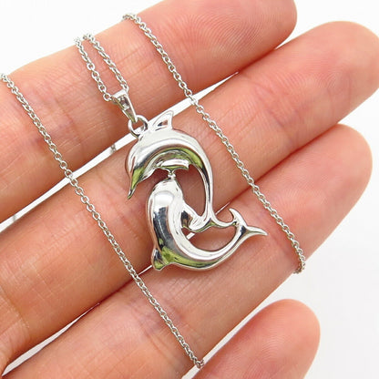 925 Sterling Real White Black Diamond Dolphin Couple Pendant Chain Necklace 18"