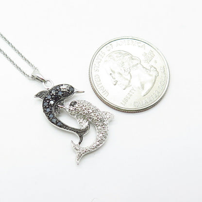 925 Sterling Real White Black Diamond Dolphin Couple Pendant Chain Necklace 18"