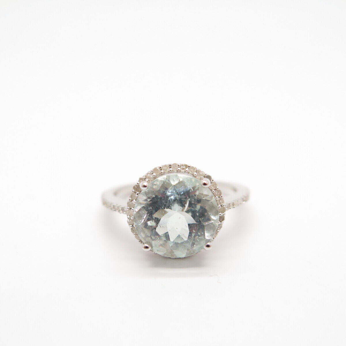 925 Sterling Silver Real Diamond Approx. 0.35ct & Aquamarine Gem Ring Size 7