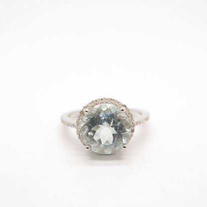 925 Sterling Silver Real Diamond Approx. 0.35ct & Aquamarine Gem Ring Size 7