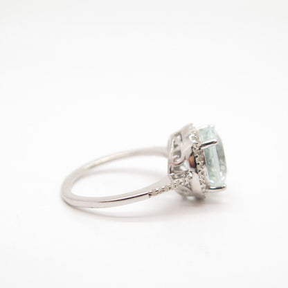 925 Sterling Silver Real Diamond Approx. 0.35ct & Aquamarine Gem Ring Size 7