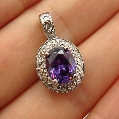 925 Sterling Silver Real Diamond Accent & Amethyst-Tone C Z Slide Pendant