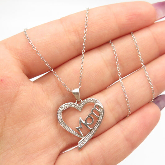 925 Sterling Silver Real Diamond "Mom" Heart Pendant Rolo Chain Necklace 16"