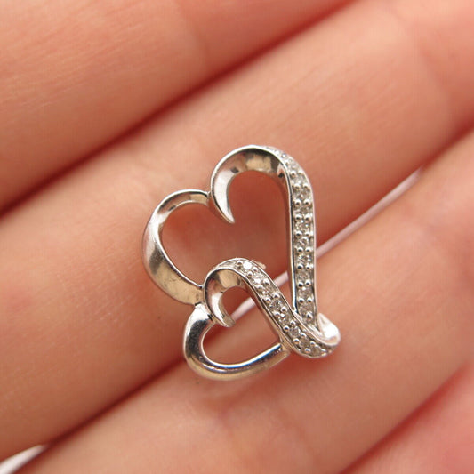 925 Sterling Silver Real Diamond Couple of Heart Slide Pendant