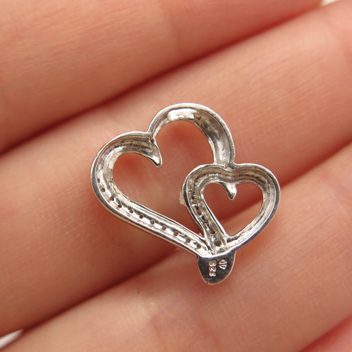 925 Sterling Silver Real Diamond Couple of Heart Slide Pendant