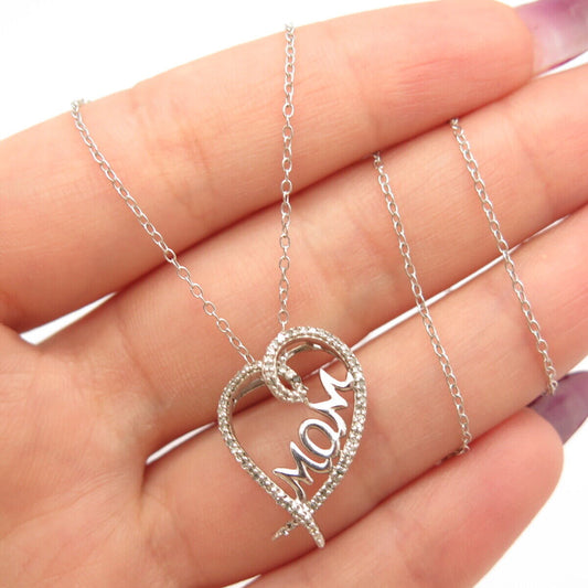 925 Sterling Silver Real Diamond "Mom" Heart Pendant Rolo Chain Necklace 16"