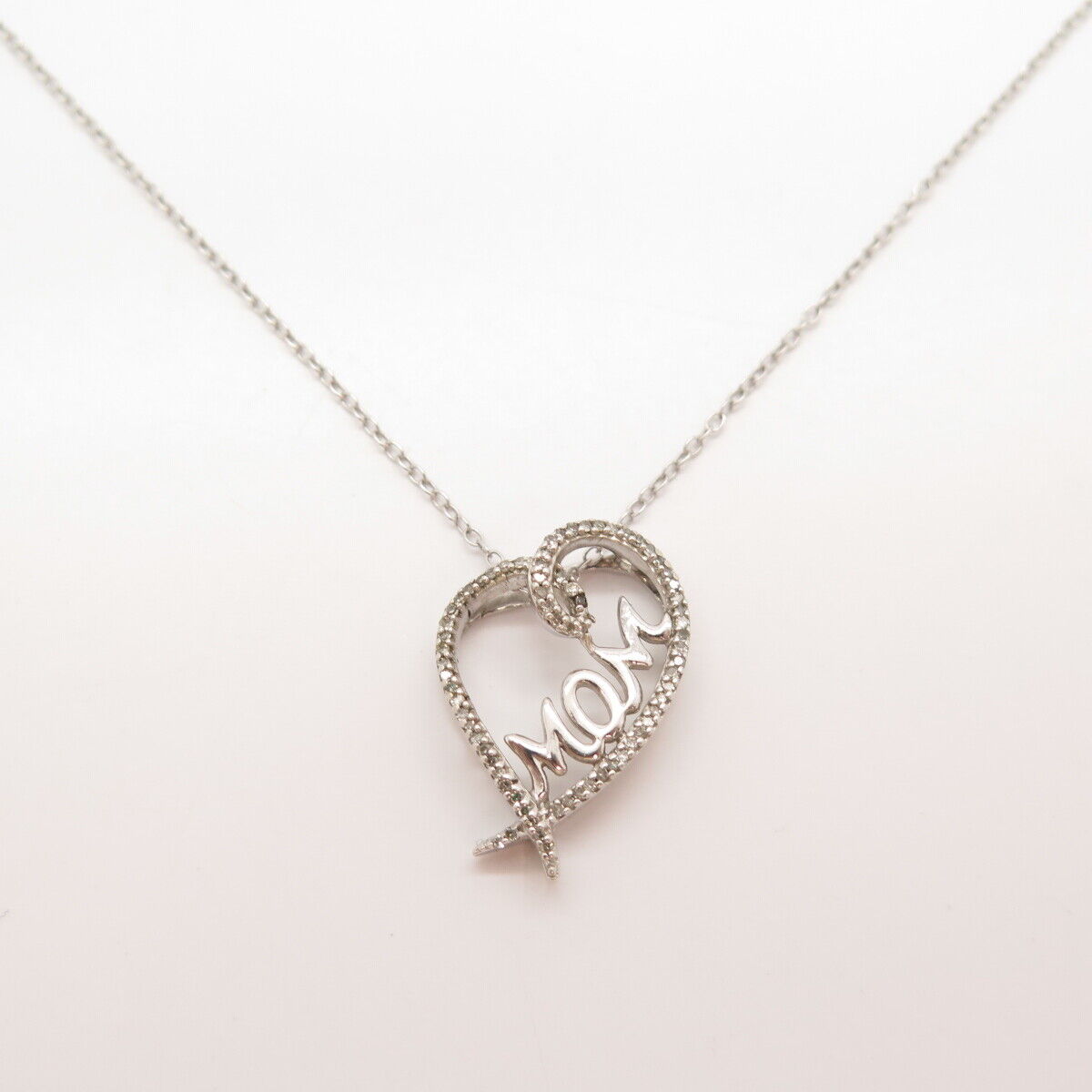 925 Sterling Silver Real Diamond "Mom" Heart Pendant Rolo Chain Necklace 16"