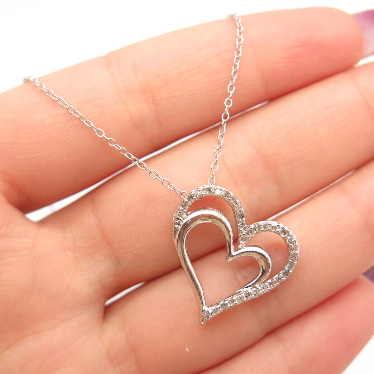 925 Sterling Silver SUN Real Diamond Open Heart Pendant Rolo Chain Necklace 16"