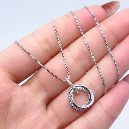 925 Sterling Silver Italy SUN Real Diamond Triple Circle Box Chain Necklace 20"