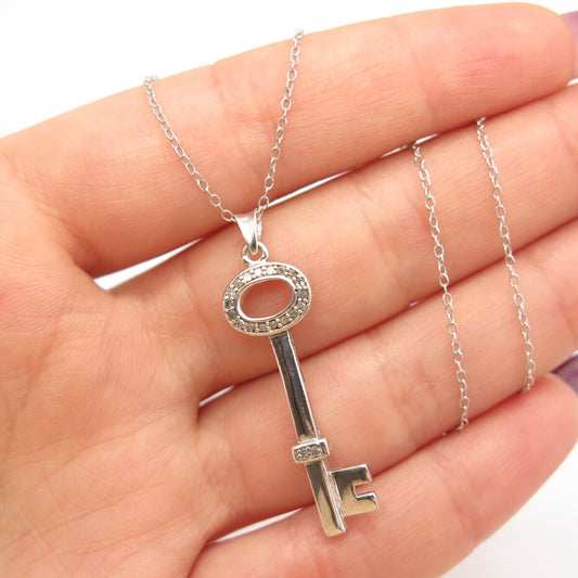 925 Sterling Silver Real Diamond Key Pendant Rolo Chain Necklace 16"