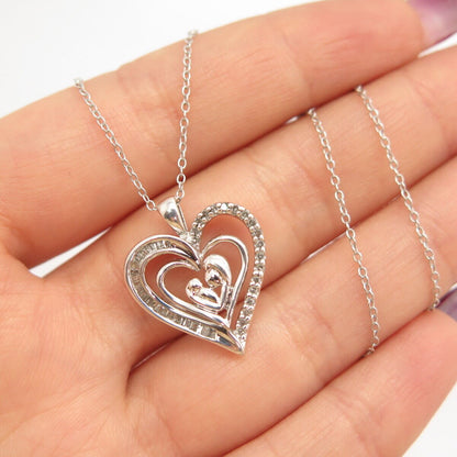 925 Sterling Silver SUN Real Diamond Mother Child Heart Rolo Chain Necklace 16"