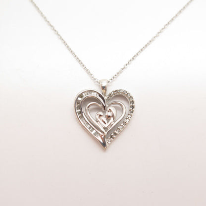 925 Sterling Silver SUN Real Diamond Mother Child Heart Rolo Chain Necklace 16"