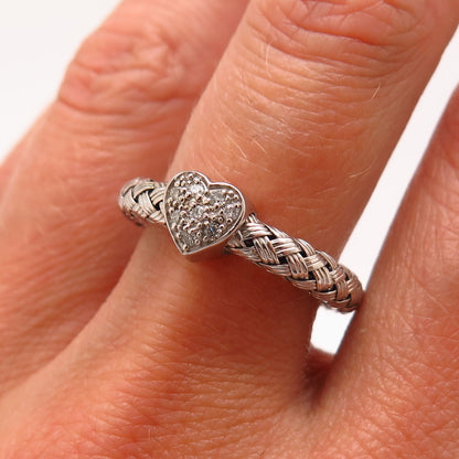 925 Sterling Silver Real Diamond Heart / Woven Design Adjustable Ring Size 6