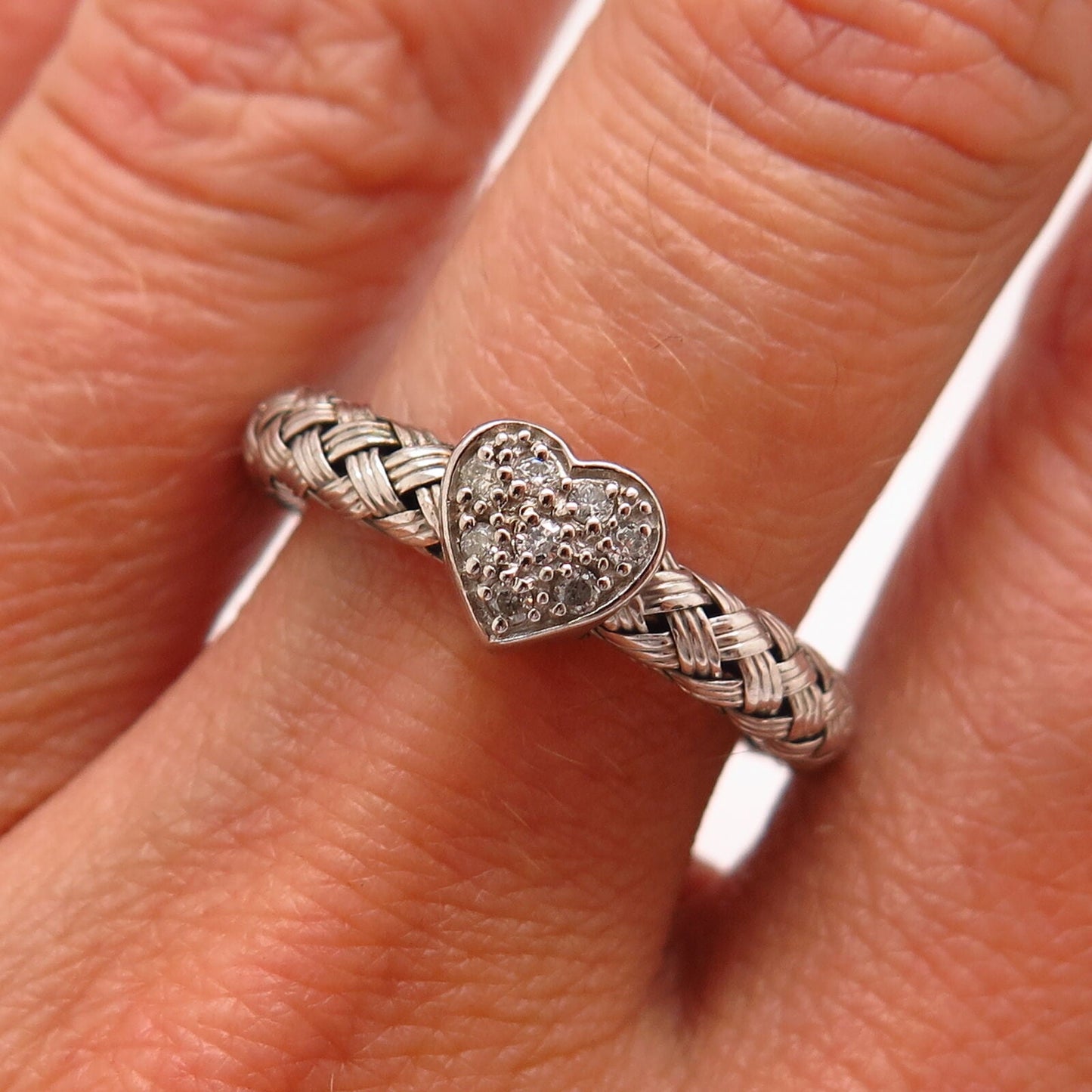 925 Sterling Silver Real Diamond Heart / Woven Design Adjustable Ring Size 6