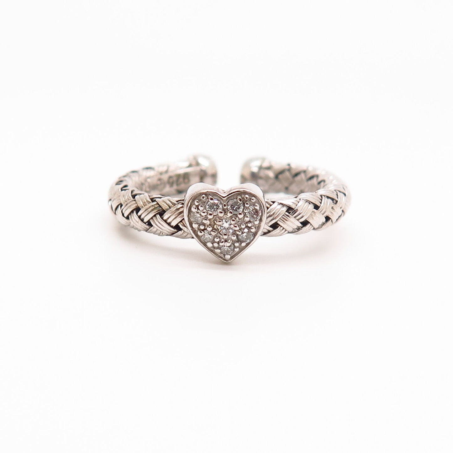 925 Sterling Silver Real Diamond Heart / Woven Design Adjustable Ring Size 6