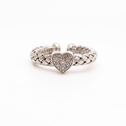 925 Sterling Silver Real Diamond Heart / Woven Design Adjustable Ring Size 6