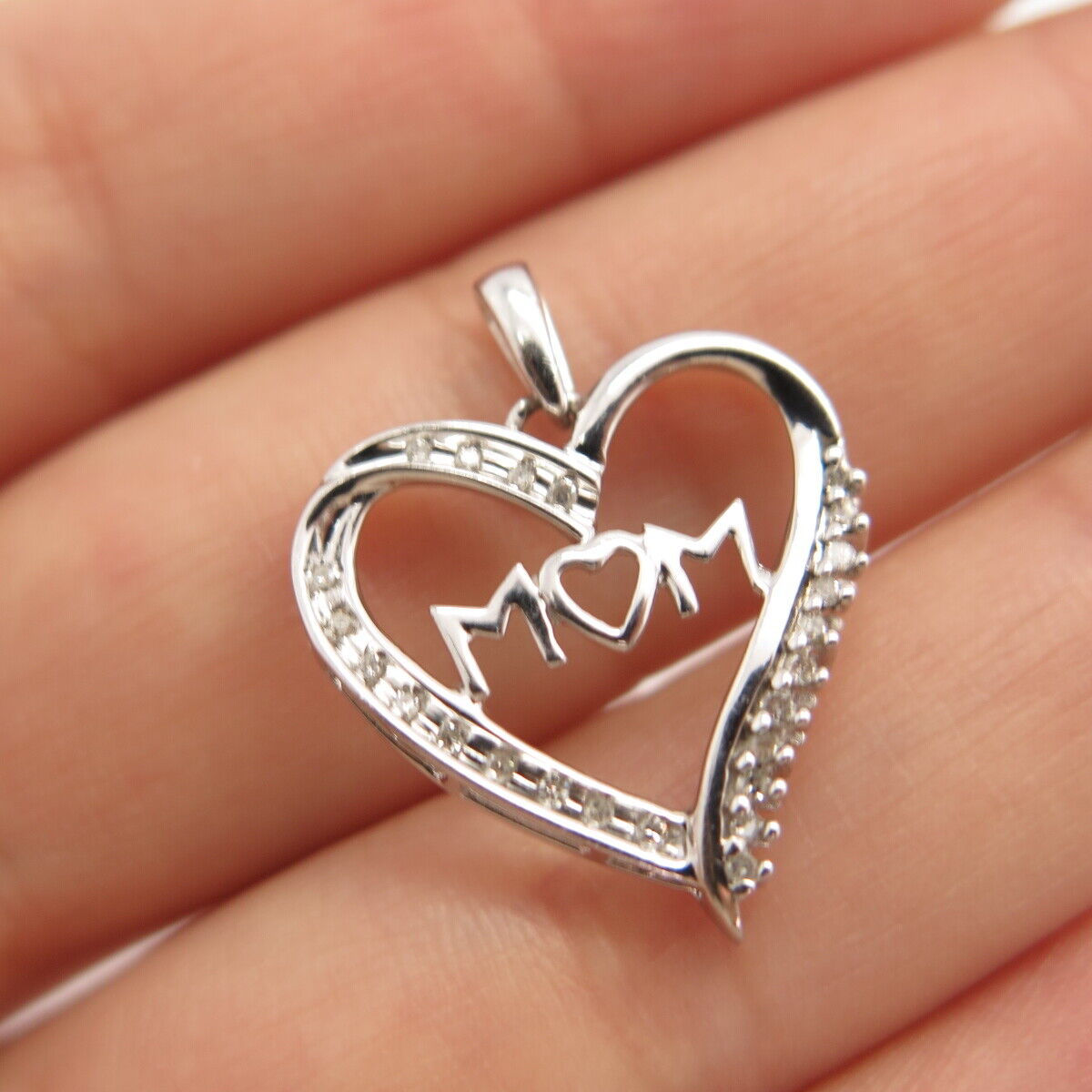 925 Sterling Silver Real Diamond "Mom" Love Heart Pendant