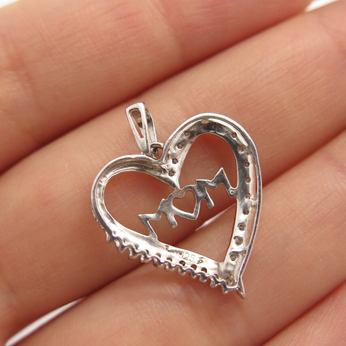 925 Sterling Silver Real Diamond "Mom" Love Heart Pendant