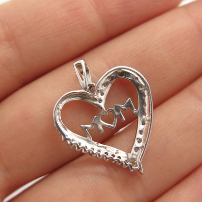 925 Sterling Silver Real Diamond "Mom" Love Heart Pendant