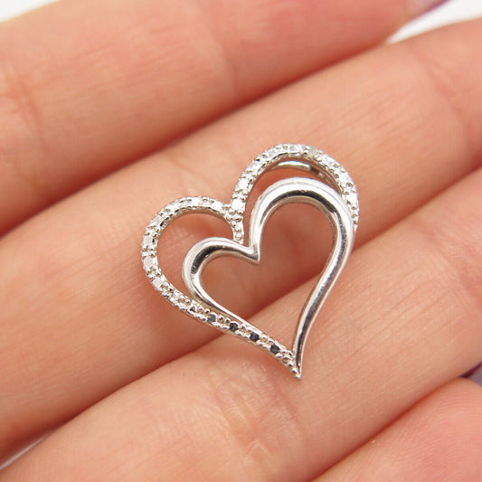 925 Sterling Silver Real Diamond Double Heart Slide Pendant