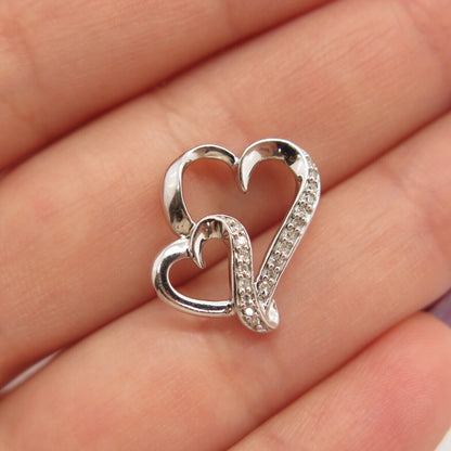 925 Sterling Silver Real Diamond Couple of Heart Slide Pendant