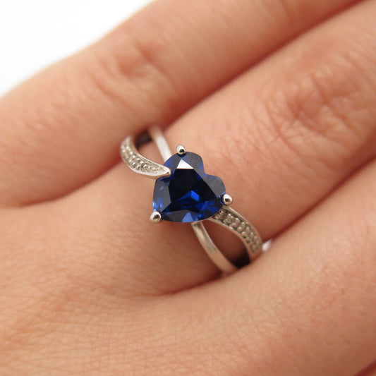 925 Sterling Silver Real White Diamond & Lab-Created Sapphire Heart Ring Size 6