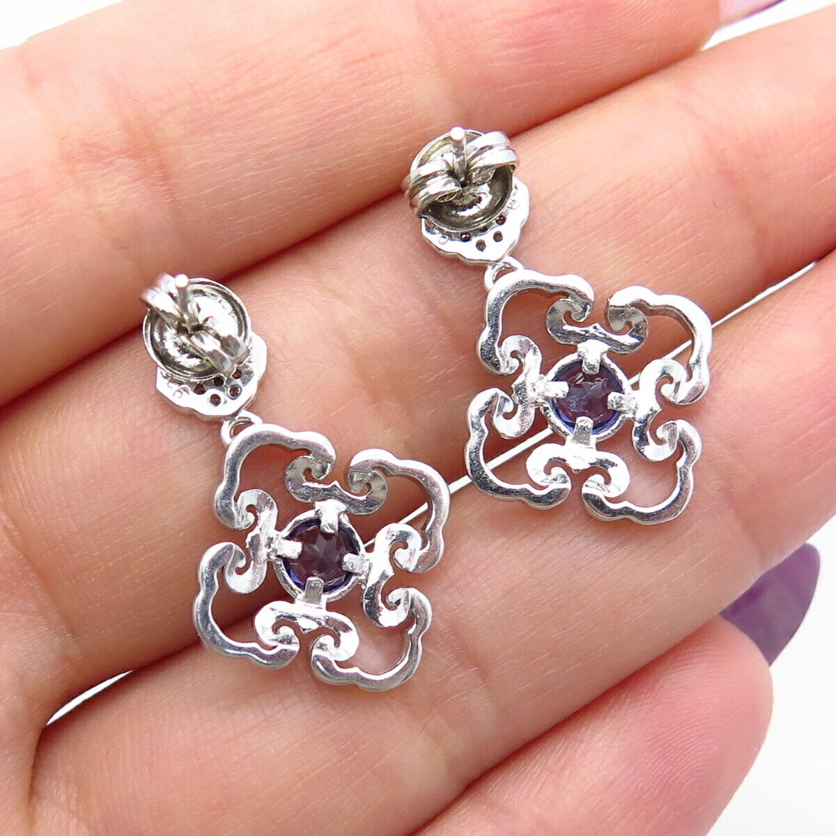 925 Sterling Silver Real Diamond & Tanzanite Gemstone Dangling Earrings