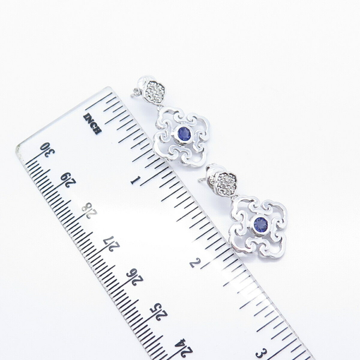 925 Sterling Silver Real Diamond & Tanzanite Gemstone Dangling Earrings