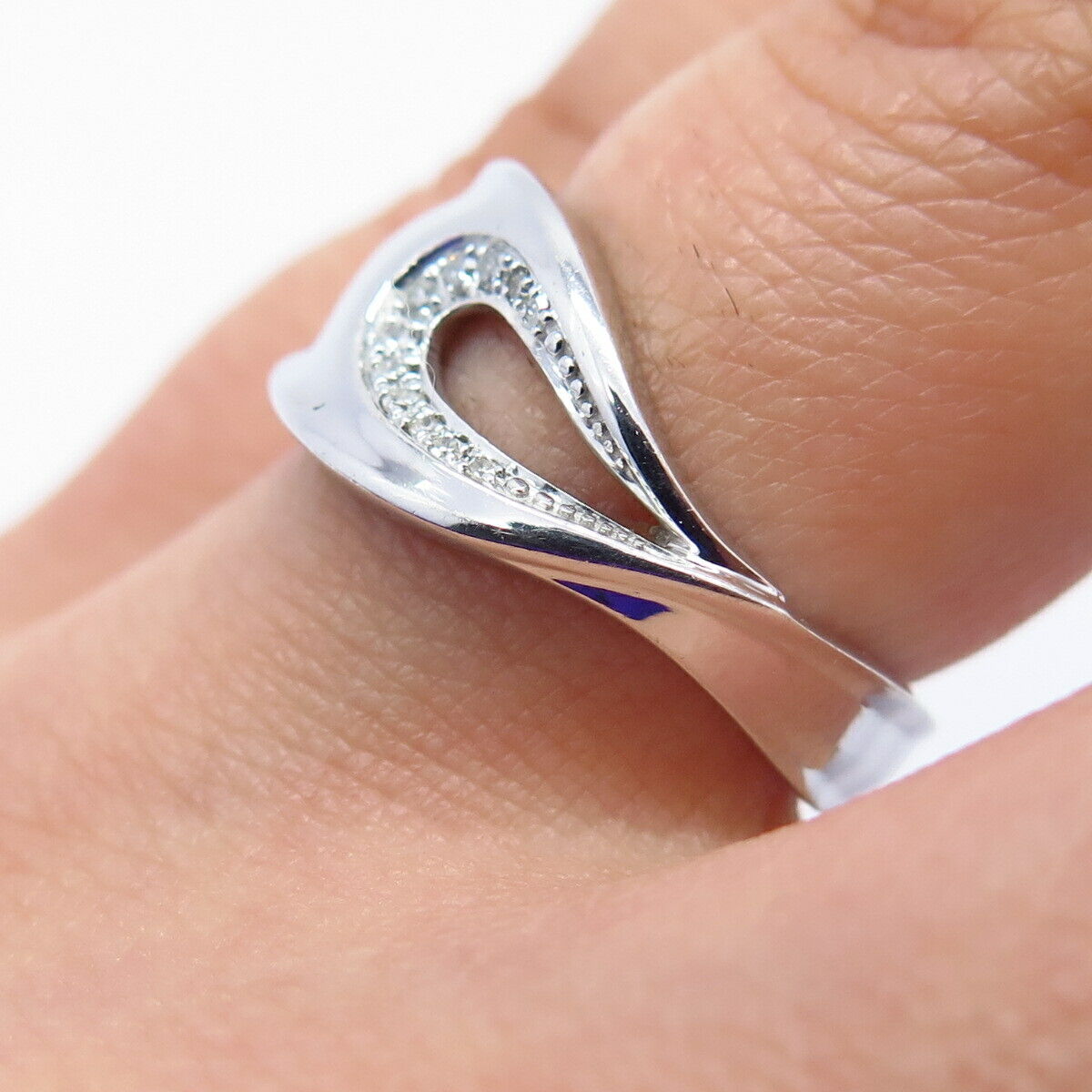 925 Sterling Silver Real White Diamond Cutout Teardrop Shape Wide  Ring Size 6.5