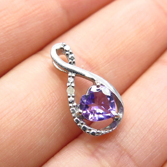 925 Sterling Silver Real Diamond Accent & Amethyst Gemstone Heart Slide Pendant