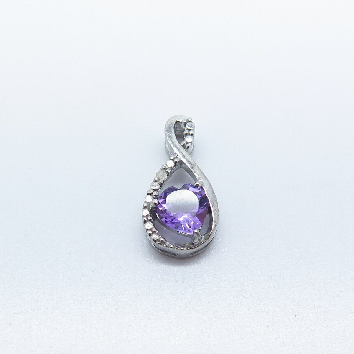 925 Sterling Silver Real Diamond Accent & Amethyst Gemstone Heart Slide Pendant
