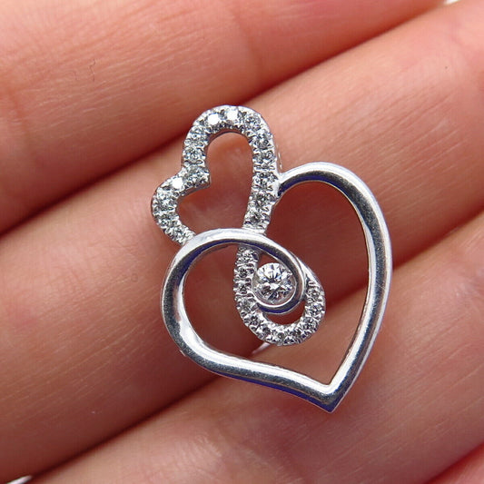 925 Sterling Silver Real White Diamond Double Heart Slide Pendant