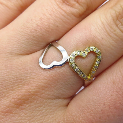 925 Sterling Silver / 750 Gold Real White Diamond Double Heart Ring Size 7.75