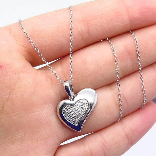 925 Sterling Silver Real White Diamond Heart Pendant Rolo Chain Necklace 16"