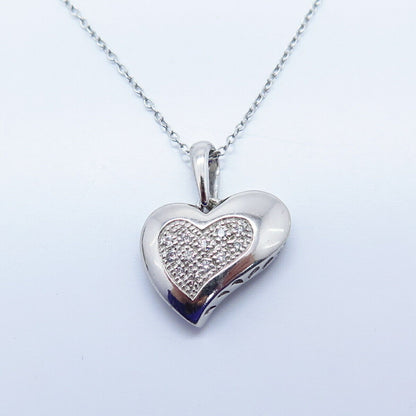 925 Sterling Silver Real White Diamond Heart Pendant Rolo Chain Necklace 16"