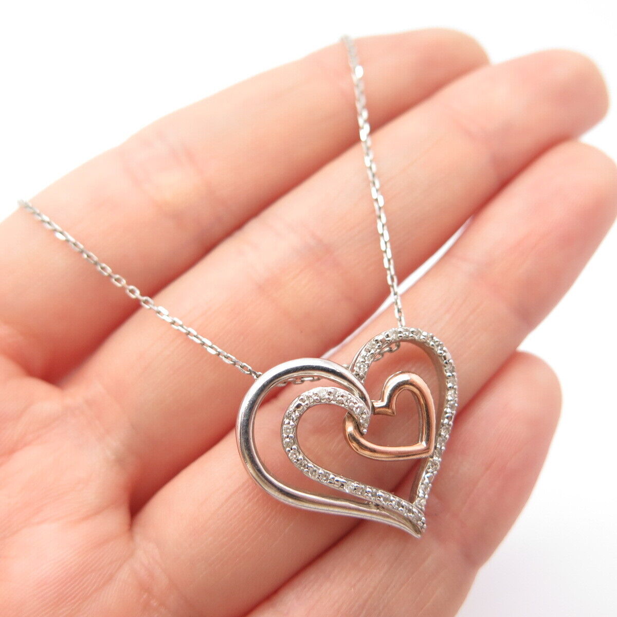 925 Sterling Silver / 10K Italy CI Real Diamond Heart Rolo Chain Necklace 18"