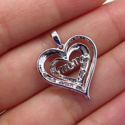 925 Sterling Silver SUN Real White Diamond "Mom" Double Heart Charm Pendant