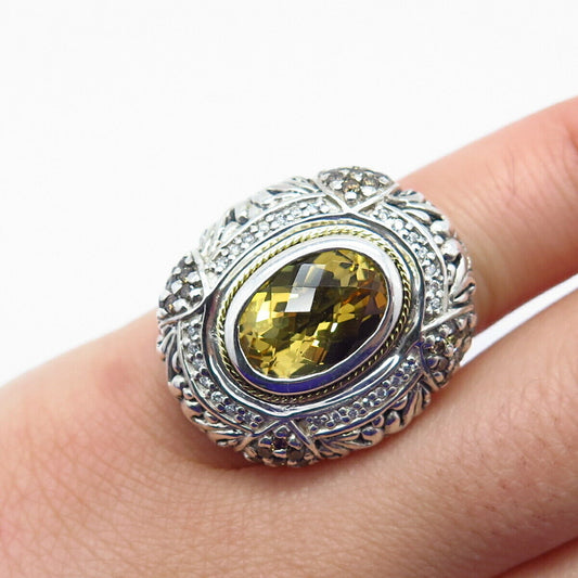 925 Sterling Silver 18K Gold Real Diamond Citrine Gem Oval Large Ring Size 3.75