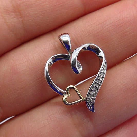 925 Sterling Silver / 10K Gold Real Diamond Double Heart Charm Pendant