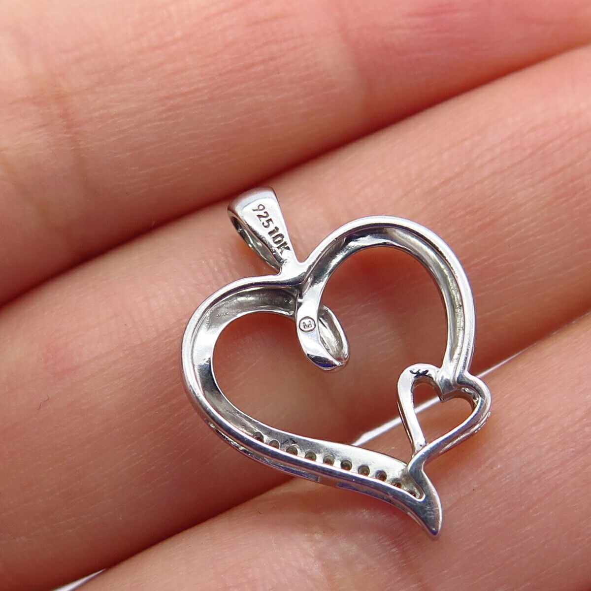 925 Sterling Silver / 10K Gold Real Diamond Double Heart Charm Pendant