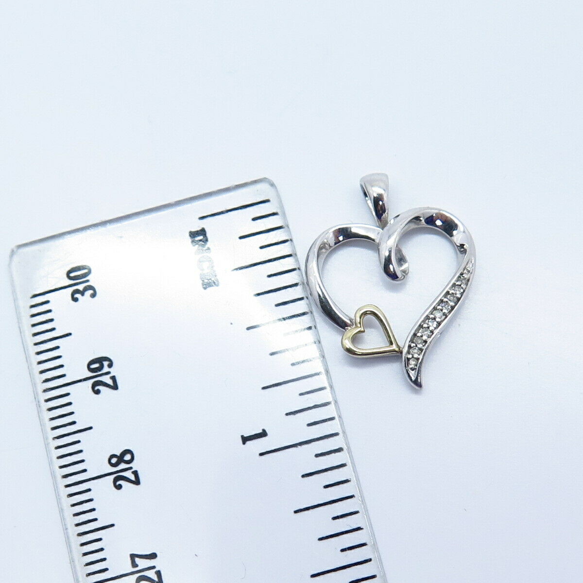 925 Sterling Silver / 10K Gold Real Diamond Double Heart Charm Pendant